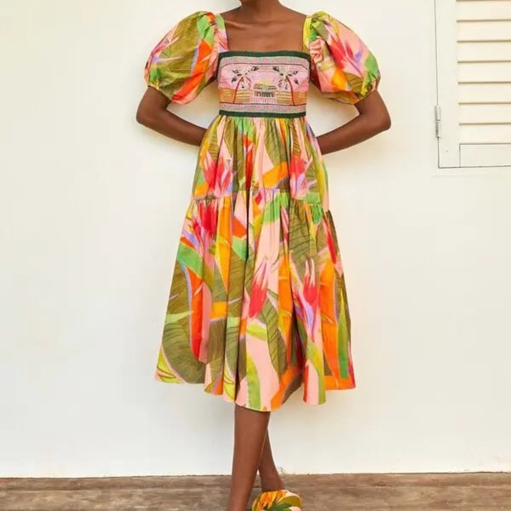 FARM Rio Vibrant Puff Sleeve Midi Dress